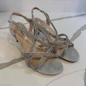 Nina Noni-Fy Silver Reflective Rhinestone Strappy Kitten Heel Sandals Womens‎ 8M